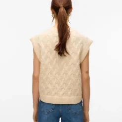 VERO MODA Pull col v maille torsadée vmpiper Femme BLANC ECRU New