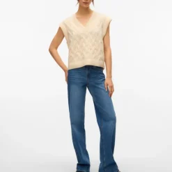 VERO MODA Pull col v maille torsadée vmpiper Femme BLANC ECRU New