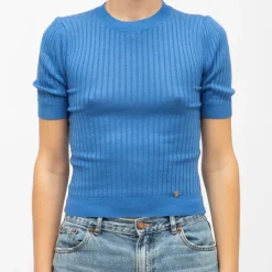 LA PETITE ETOILE Pull cotelé sofiana manches courtes Femme BLEU Clearance