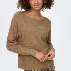 ONLY Pull dani maille tricotée col bateau Femme MARRON CLAIR Sale