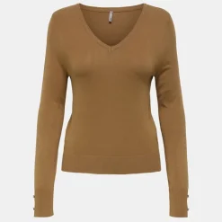 ONLY Pull fin col V manches longues boutons Minna Femme MARRON CLAIR Hot