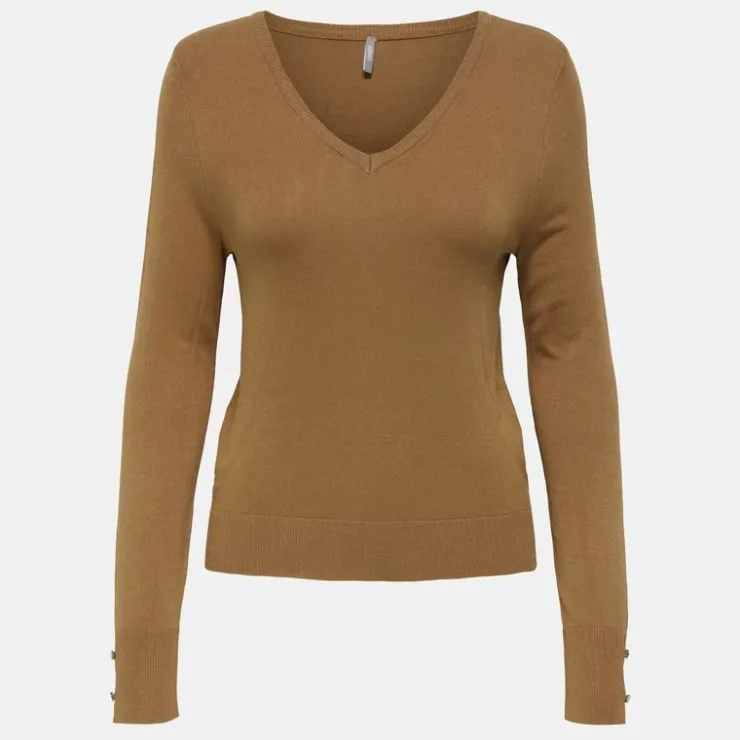 ONLY Pull fin col V manches longues boutons Minna Femme MARRON CLAIR Hot