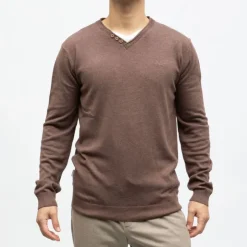 DEELUXE 74 Pull fin en maille col v à boutons Homme MARRON Clearance