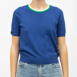 LA PETITE ETOILE Pull maille fine col coloré mae manches courtes Femme BLEU Clearance