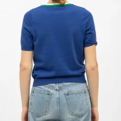 LA PETITE ETOILE Pull maille fine col coloré mae manches courtes Femme BLEU Clearance