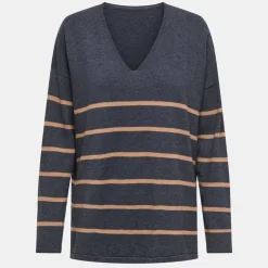 ONLY Pull manches longues cols v rayé long onlmallie Femme BLEU FONCE Discount