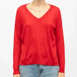 LA PETITE ETOILE Pull melya col V maille fine manches longues Femme ROUGE New