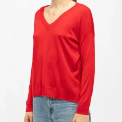 LA PETITE ETOILE Pull melya col V maille fine manches longues Femme ROUGE New