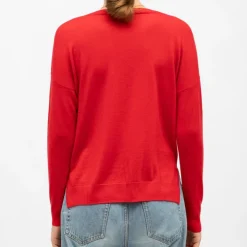 LA PETITE ETOILE Pull melya col V maille fine manches longues Femme ROUGE New