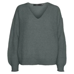 VERO MODA Pull Mili manches ballons col v en maille fine Femme VERT FONCE Best
