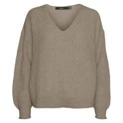 VERO MODA Pull Mili manches ballons col v en maille fine Femme BEIGE