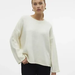 VERO MODA Pull Noelle avec ourlet col rond maille Femme BLANC ECRU New