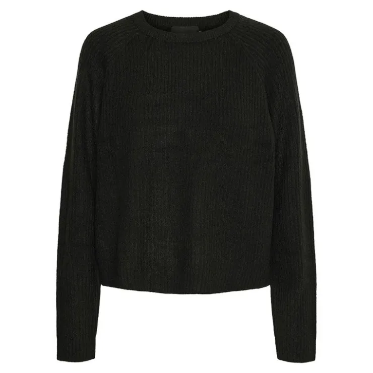 PIECES Pull Olla col rond maille fine Femme NOIR New