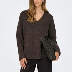 ONLY Pull regular talio col v manches longues Femme MARRON FONCE