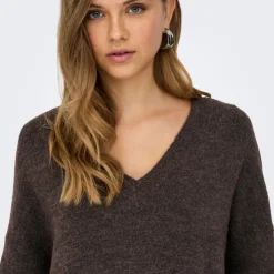 ONLY Pull regular talio col v manches longues Femme MARRON FONCE