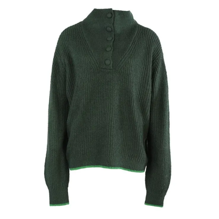LA PETITE ETOILE Pull sierra col montant à boutons Femme VERT FONCE Discount