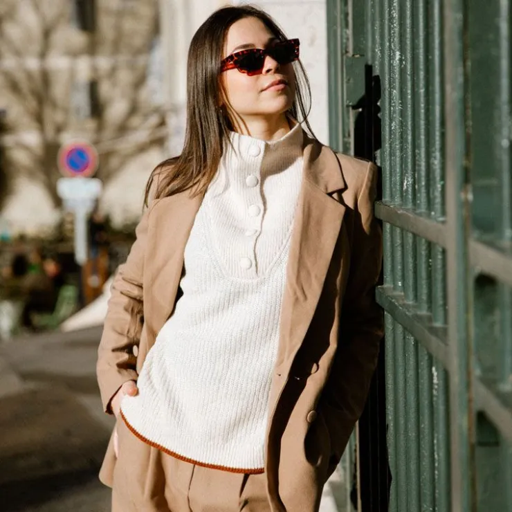 LA PETITE ETOILE Pull sierra col montant à boutons Femme BLANC ECRU Clearance