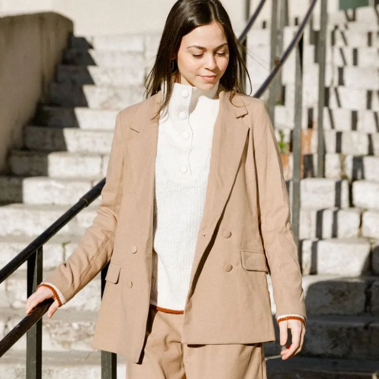 LA PETITE ETOILE Pull sierra col montant à boutons Femme BLANC ECRU Clearance