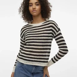 VERO MODA Pull Spring à rayures col ras de cou Femme NOIR New