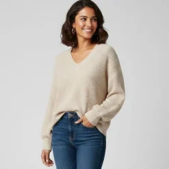 VERO MODA Pull zia vert gris col V manches longues Femme BLANC ECRU Sale