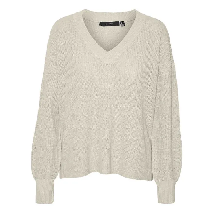 VERO MODA Pull zia vert gris col V manches longues Femme BLANC ECRU Sale
