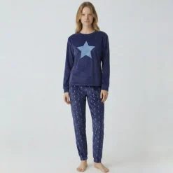 BILL TORNADE Pyjama long velours mot 23172 Femme BLEU Outlet