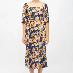 LA PETITE ETOILE Robe bleue foncé à fleurs retro roxie col carré Femme BLEU FONCE Sale