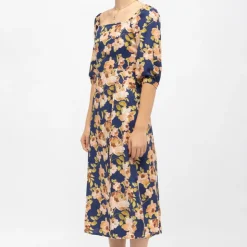 LA PETITE ETOILE Robe bleue foncé à fleurs retro roxie col carré Femme BLEU FONCE Sale