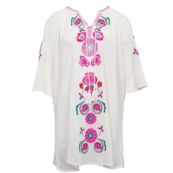 ANTIK BATIK Robe caftan manches 3/4 magoo broderie fleurie Femme BLANC ECRU Best