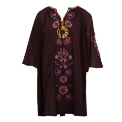 ANTIK BATIK Robe caftan manches 3/4 magoo broderie fleurie Femme MARRON New