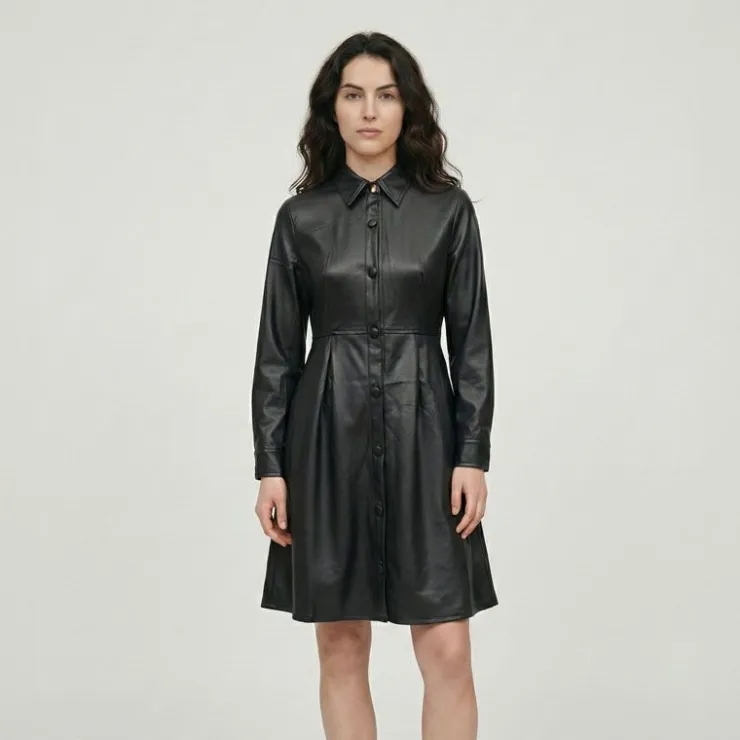 LES TROPEZIENNES PAR M.BELARBI Robe chemise similicuir halite avec boutons à clips Femme NOIR New