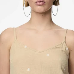 PIECES Robe courte à bretelles brodée en gaze de coton Femme BEIGE Online