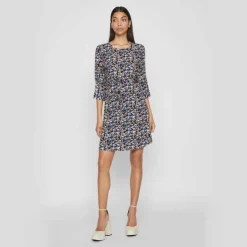 VILA Robe courte manches 3/4 imprimée floral Femme NOIR Discount