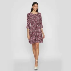 VILA Robe courte manches 3/4 imprimée floral Femme BORDEAUX Sale