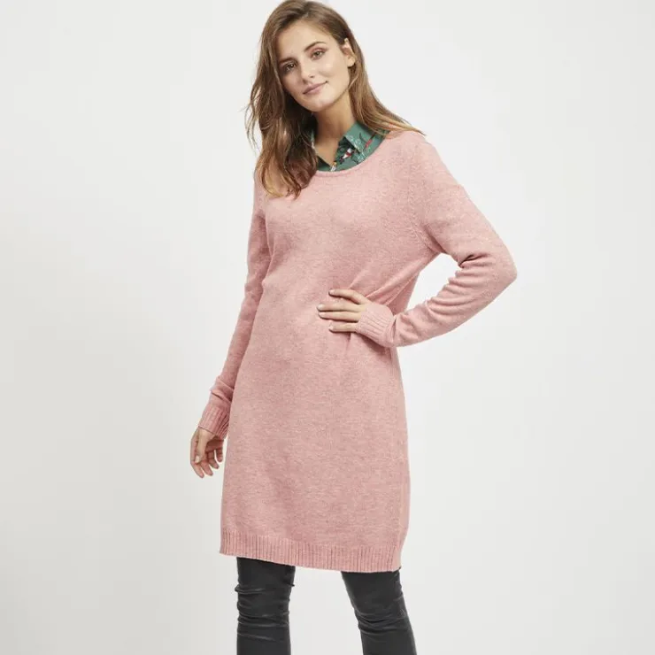 VILA Robe courte manches longues en fine maille Femme ROSE CLAIR
