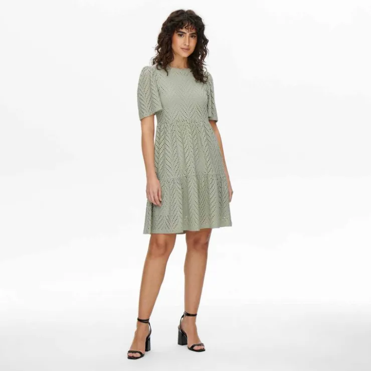 JDY Robe courtes manches courtes trapèze ajouré uni Femme VERT CLAIR