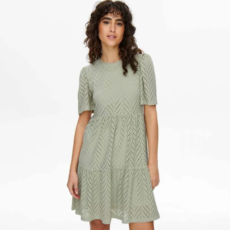 JDY Robe courtes manches courtes trapèze ajouré uni Femme VERT CLAIR