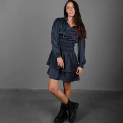 DEELUXE 74 Robe élastiquée à la taille à volants effet soie bleu nuit Femme GRIS FONCE Outlet
