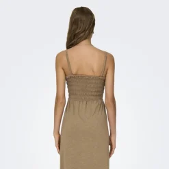 JDY Robe longue à bretelles froncée poitrine Femme MARRON CLAIR