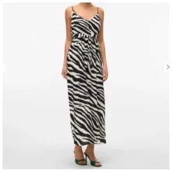 VERO MODA Robe longue avec bretelles imprimé zèbre col V Femme NOIR New