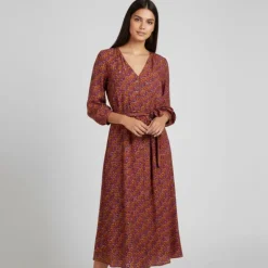 LA PETITE ETOILE Robe longue ceinturée col V bouton poitrine yazzi brown Femme MARRON Best