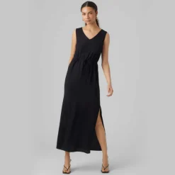 VERO MODA Robe longue sans manches uni fendue col v cordon Femme NOIR Clearance