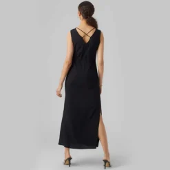 VERO MODA Robe longue sans manches uni fendue col v cordon Femme NOIR Clearance