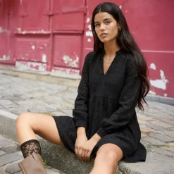 OBJECT Robe midi Gia oversize col V broderie anglaise Femme NOIR Best