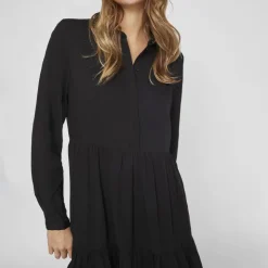 VILA Robe e à volants col chemise vimorose Femme NOIR New