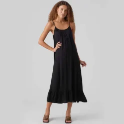 VERO MODA Robe unie à fines bretelles longueur midi volant Femme NOIR Best