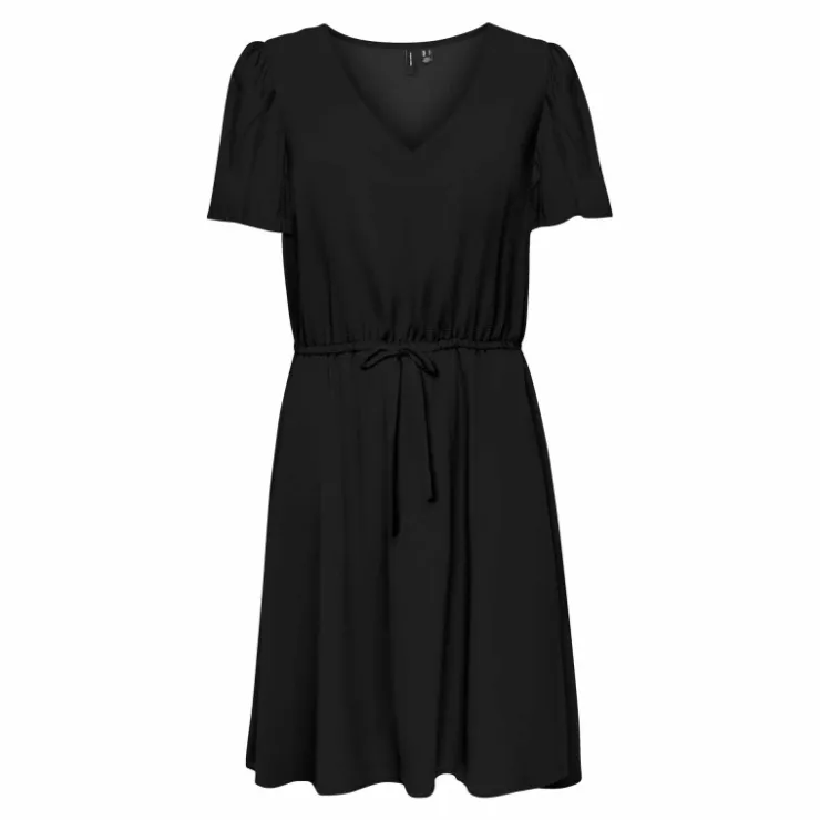 VERO MODA Robe unie col V manches courtes resserrée à la taille Femme NOIR Sale