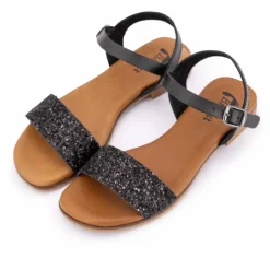 BIOSTOCK Sandale plate bride à paillettes Femme NOIR Outlet