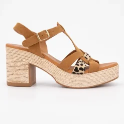 CARLA TORTOSA Sandales à talons imprimé léopard avec effet daim Femme MARRON New