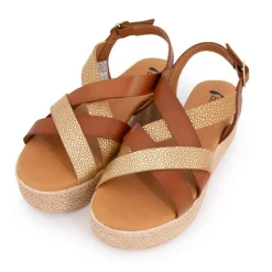 BIOSTOCK Sandales compensées cuir gold imprimé croco Femme MARRON Sale